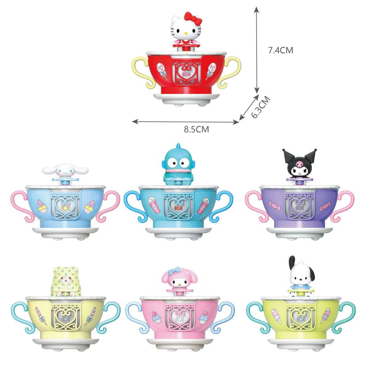 Sanrio Blind Box Rotation Cup Series KT-010640 featuring colorful teacup designs with iconic Sanrio characters like Hello Kitty and Cinnamoroll.